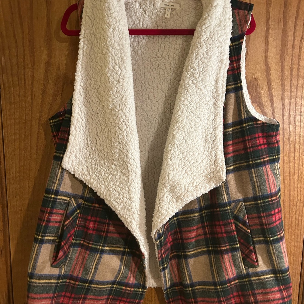 Maurices Plaid Sherpa Lined Vest - Red and Cream
